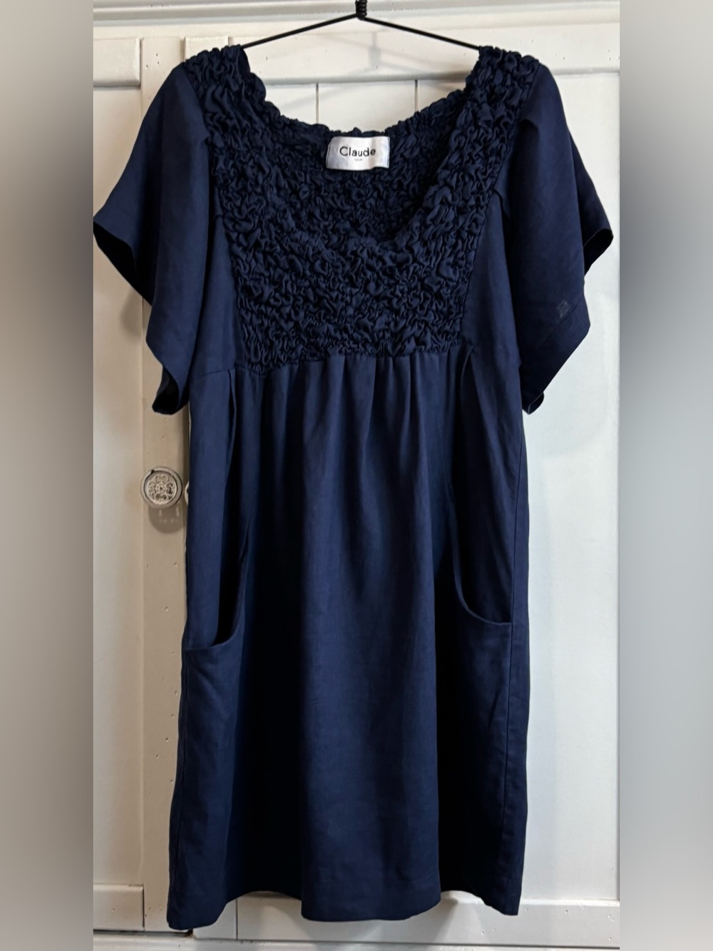 Claude Tulum 100% Linen Navy Ruffle Pocket Mini Dress One Size - Picture 16 of 16